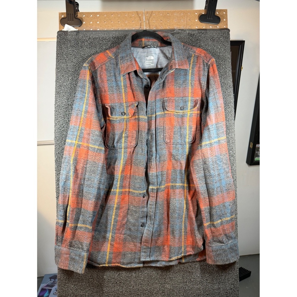 The North Face Flannel Shirt Mens Medium Orange Grey Plaid Long Sleeve Button Up